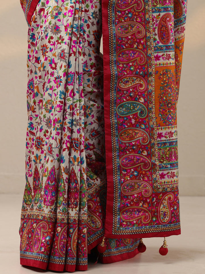 Multi Printed Silk Blend Saree With Unstitched Blouse Piece