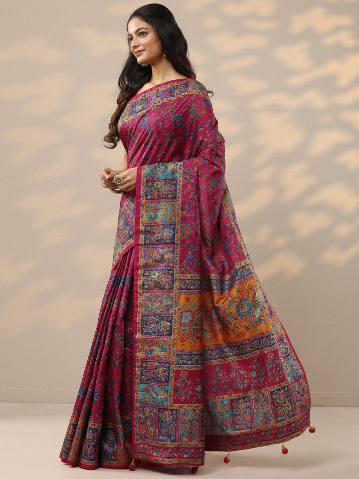 Pink Printed Silk Blend Saree With Unstitched Blouse Piece