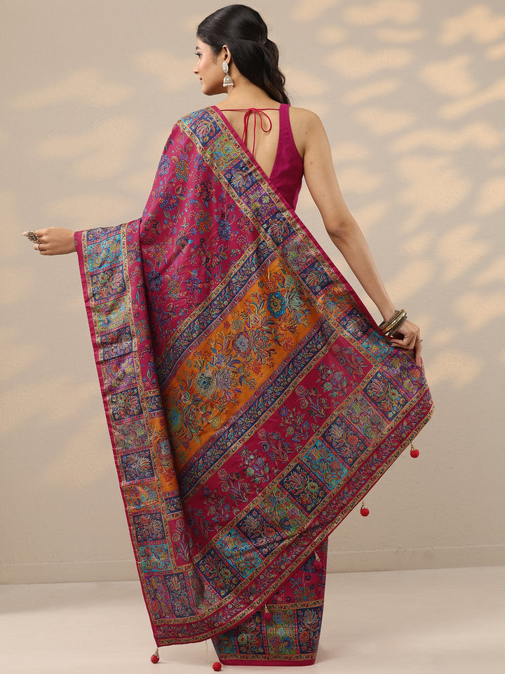 Pink Printed Silk Blend Saree With Unstitched Blouse Piece