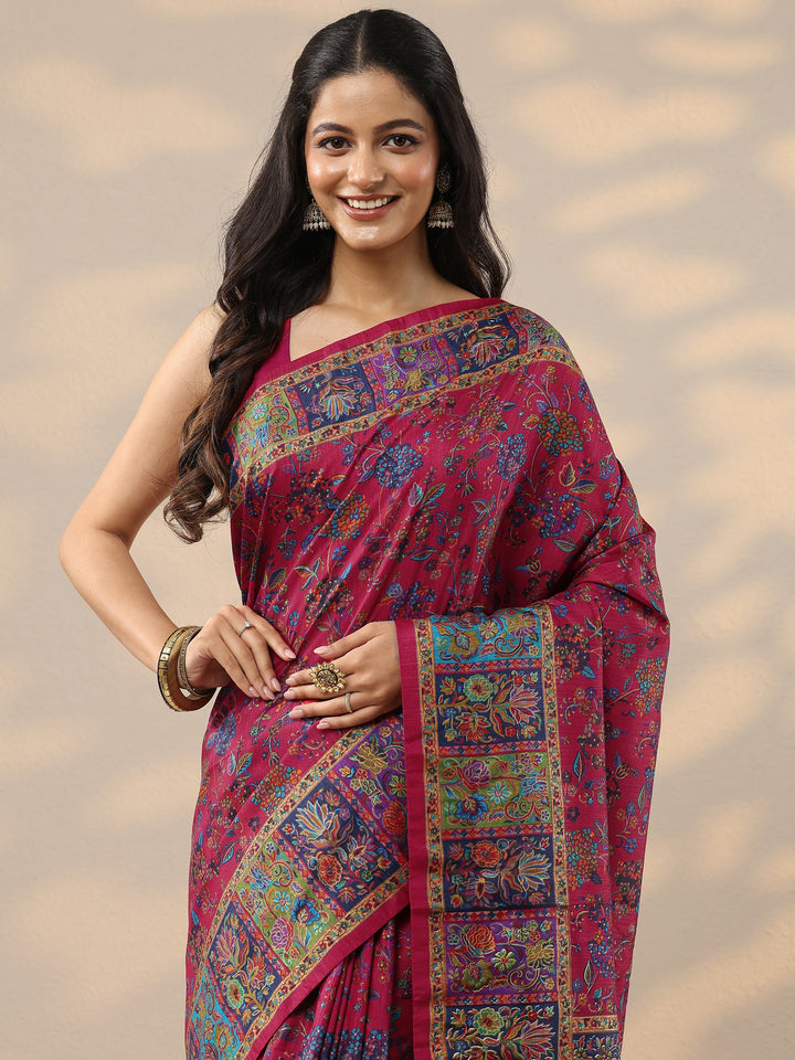 Pink Printed Silk Blend Saree With Unstitched Blouse Piece