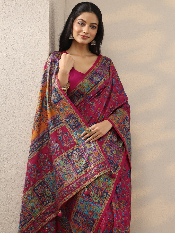 Pink Printed Silk Blend Saree With Unstitched Blouse Piece