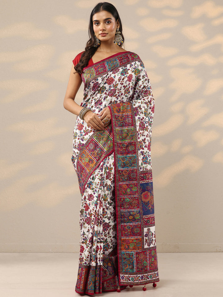 White Printed Silk Blend Saree With Unstitched Blouse Piece