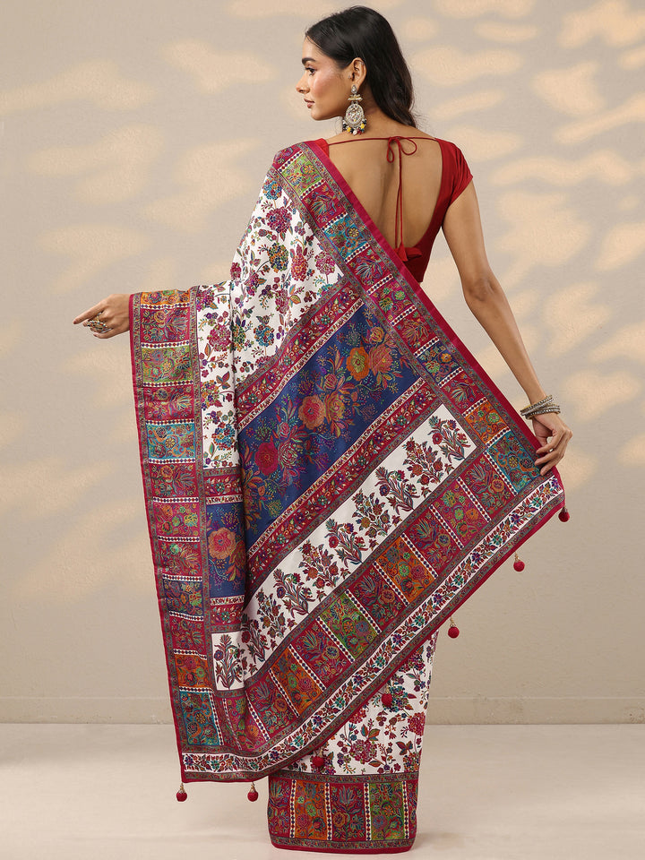 White Printed Silk Blend Saree With Unstitched Blouse Piece