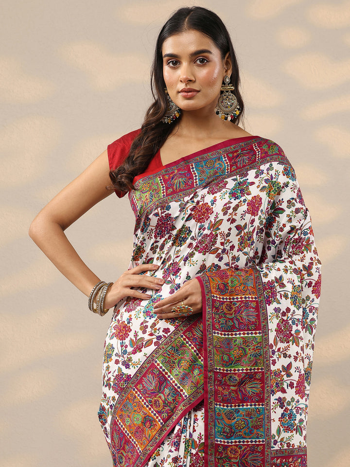 White Printed Silk Blend Saree With Unstitched Blouse Piece