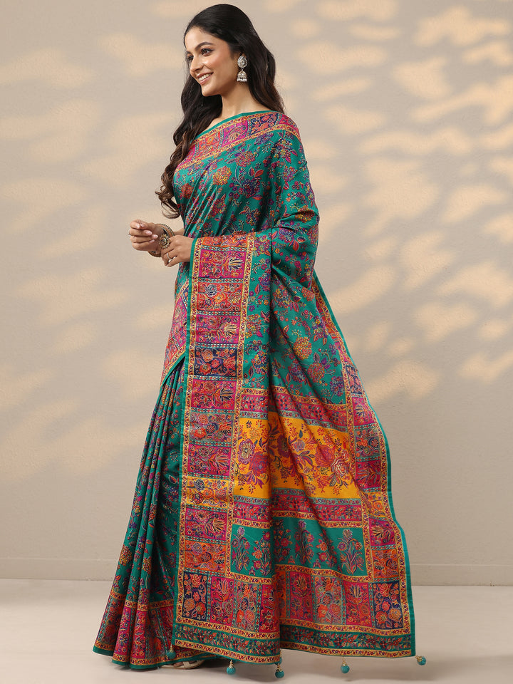 Green Printed Silk Blend Saree With Unstitched Blouse Piece