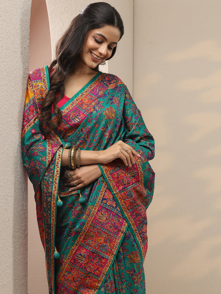 Green Printed Silk Blend Saree With Unstitched Blouse Piece