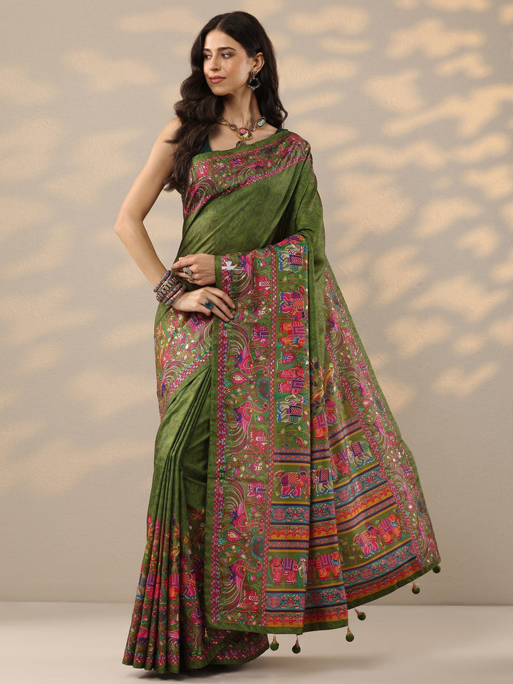Green Printed Silk Blend Saree With Unstitched Blouse Piece