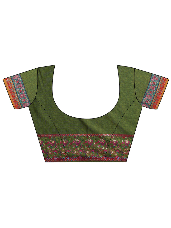 Green Printed Silk Blend Saree With Unstitched Blouse Piece