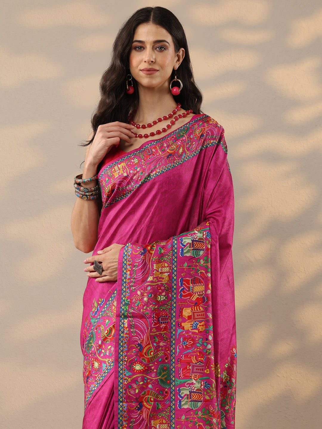 Pink Printed Silk Blend Saree With Unstitched Blouse Piece