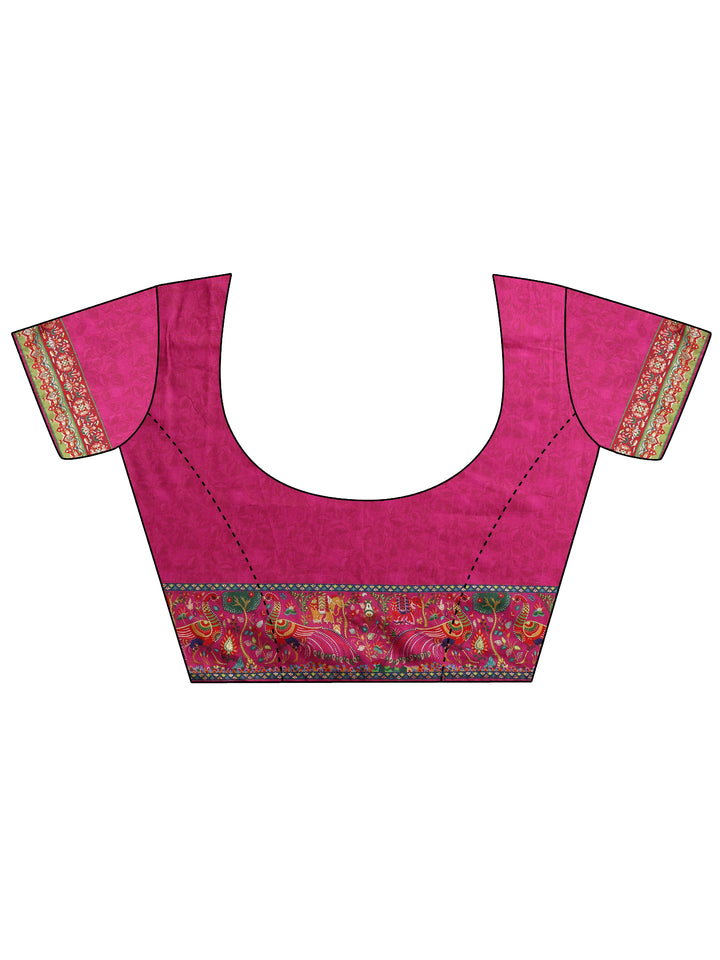 Pink Printed Silk Blend Saree With Unstitched Blouse Piece