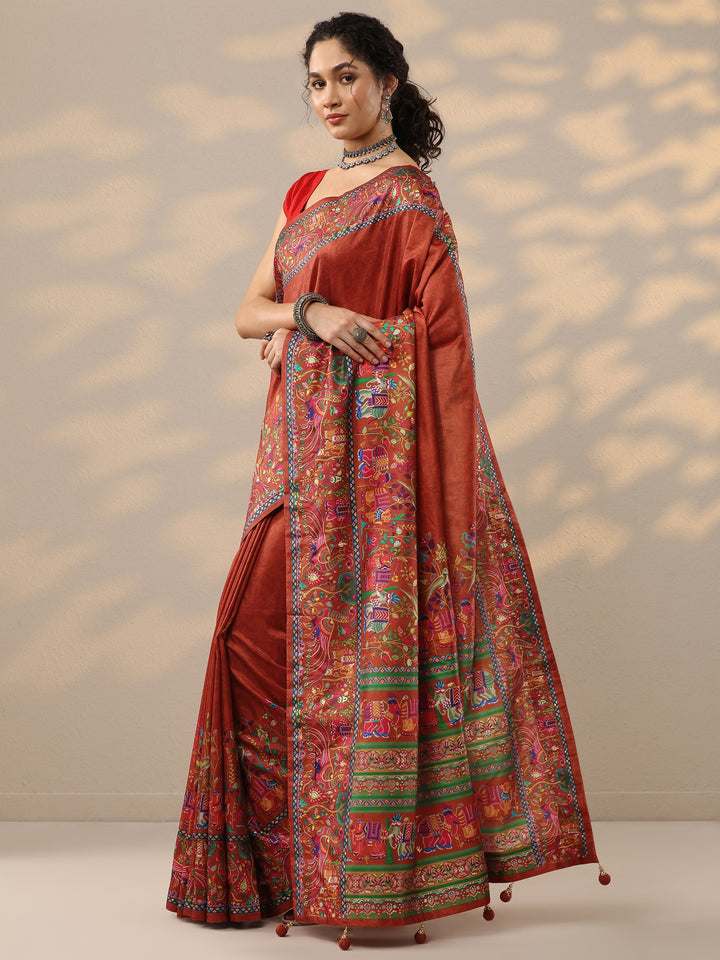 Red Solid Silk Blend Saree With Unstitched Blouse Piece