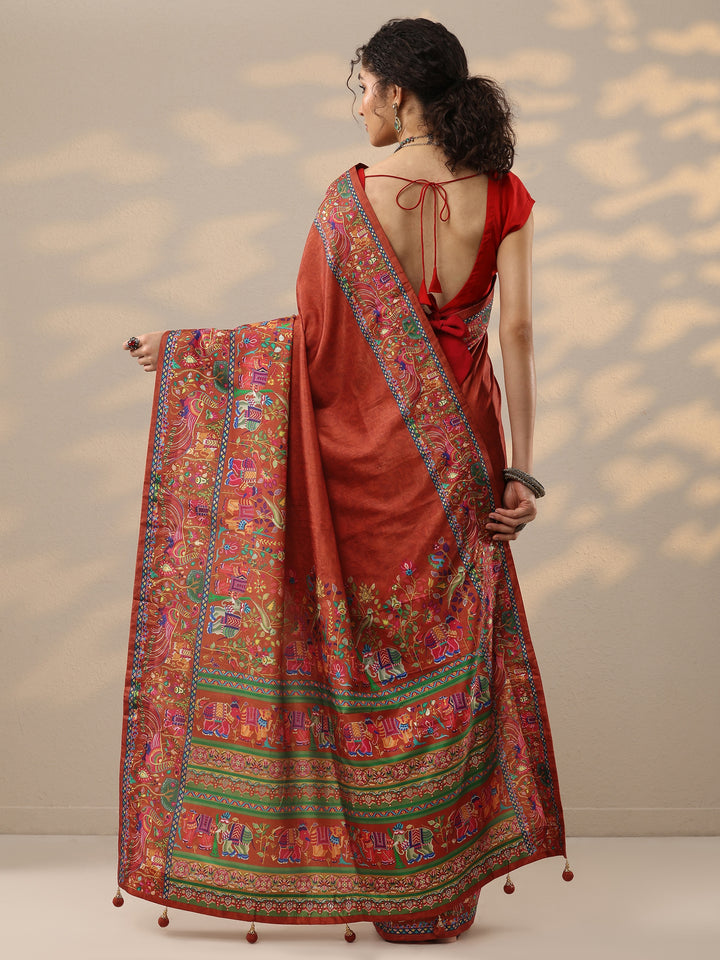 Red Solid Silk Blend Saree With Unstitched Blouse Piece