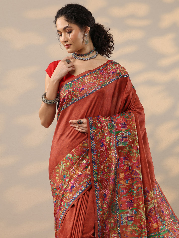 Red Solid Silk Blend Saree With Unstitched Blouse Piece