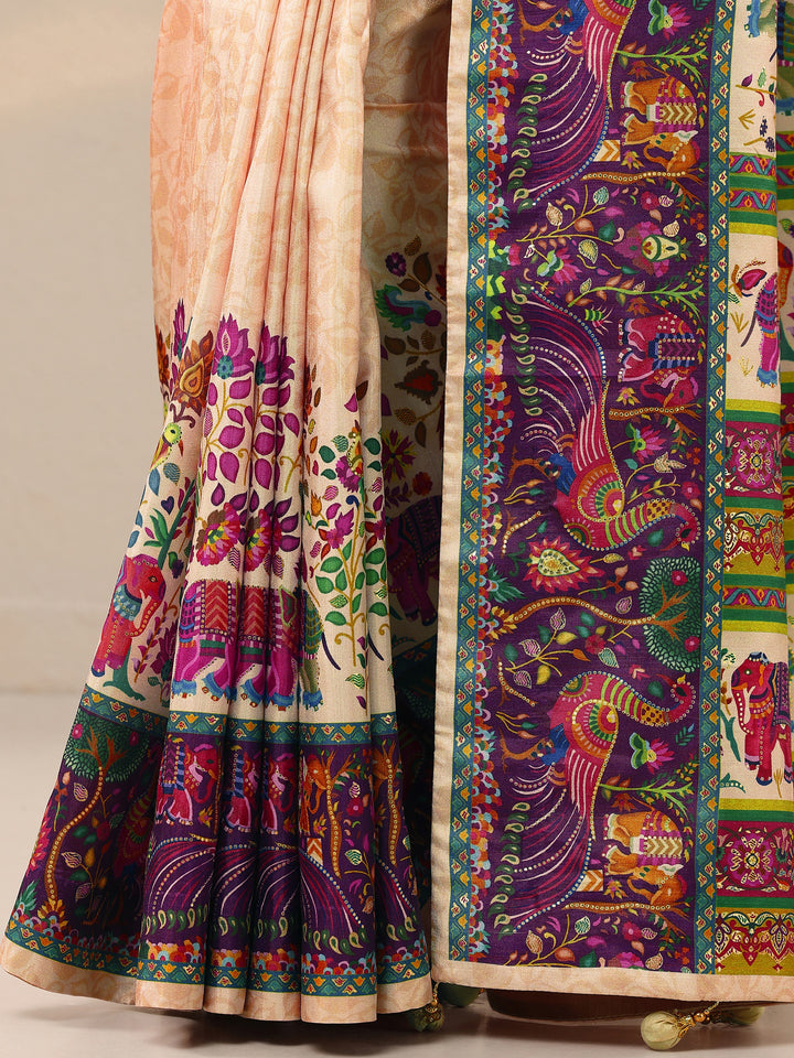 Gold Printed Silk Blend Saree With Unstitched Blouse Piece