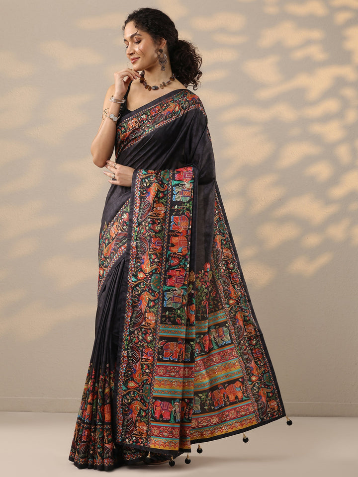 Black Printed Silk Blend Saree With Unstitched Blouse Piece