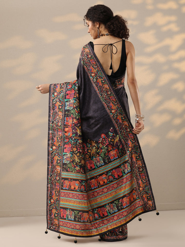 Black Printed Silk Blend Saree With Unstitched Blouse Piece