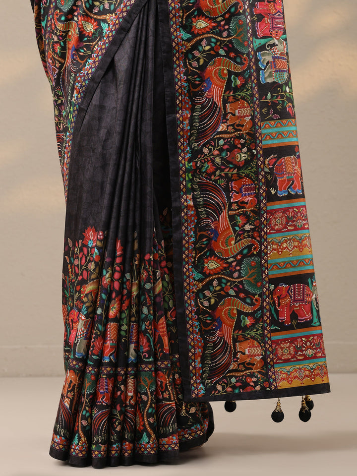 Black Printed Silk Blend Saree With Unstitched Blouse Piece