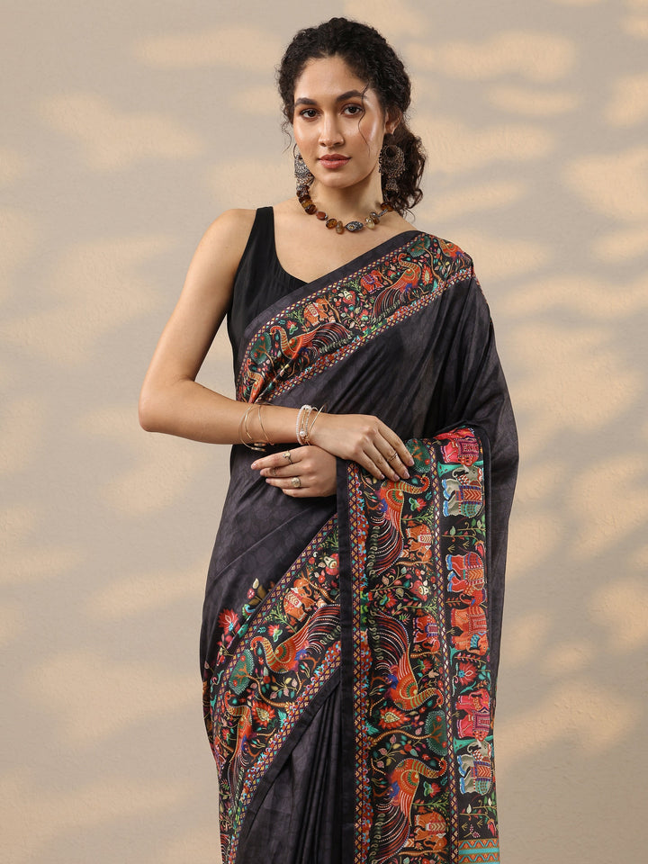 Black Printed Silk Blend Saree With Unstitched Blouse Piece