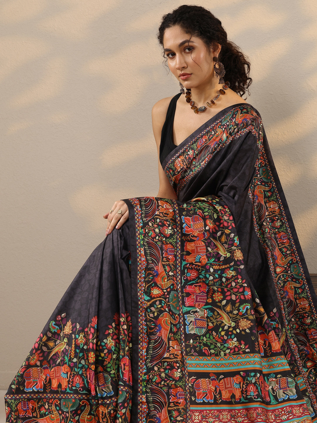 Black Printed Silk Blend Saree With Unstitched Blouse Piece