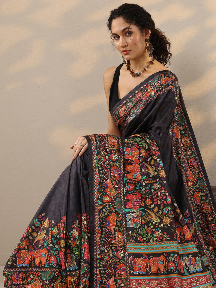 Black Printed Silk Blend Saree With Unstitched Blouse Piece