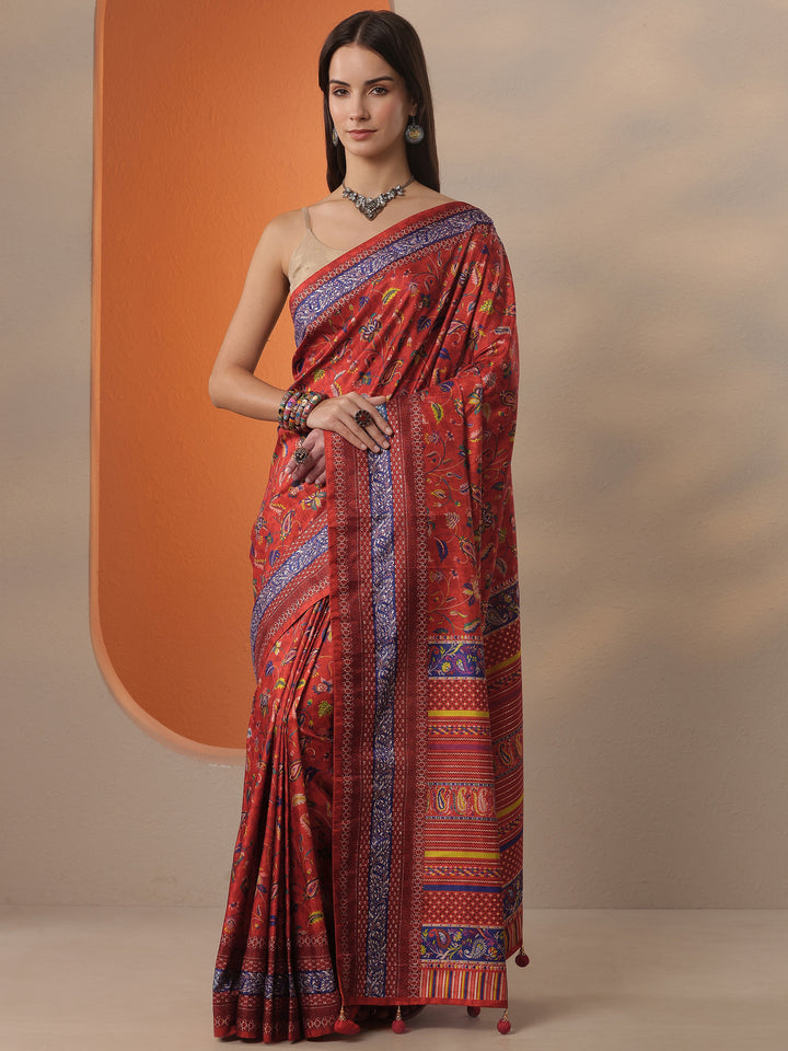 Red Printed Silk Blend Saree With Unstitched Blouse Piece
