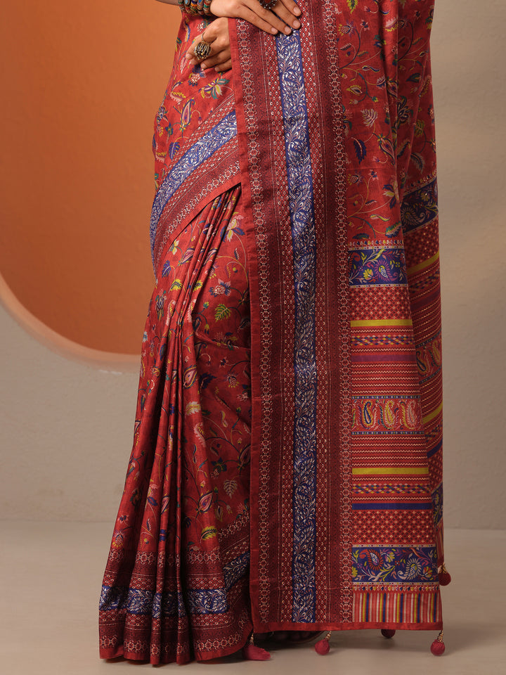 Red Printed Silk Blend Saree With Unstitched Blouse Piece