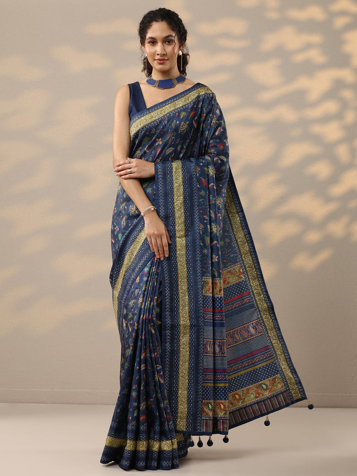 Navy Blue Printed Silk Blend Saree With Unstitched Blouse Piece