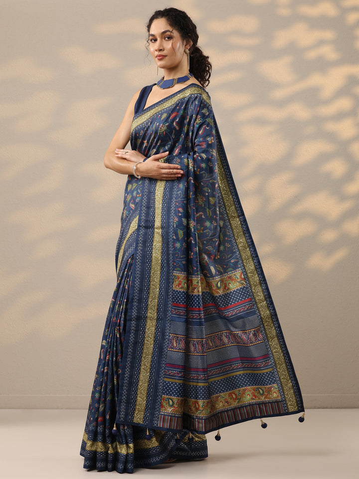Navy Blue Printed Silk Blend Saree With Unstitched Blouse Piece