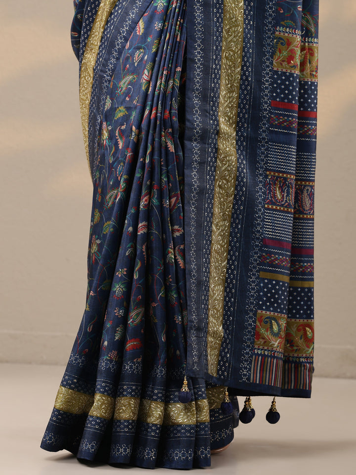 Navy Blue Printed Silk Blend Saree With Unstitched Blouse Piece