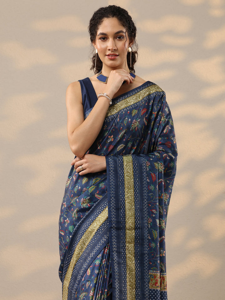Navy Blue Printed Silk Blend Saree With Unstitched Blouse Piece