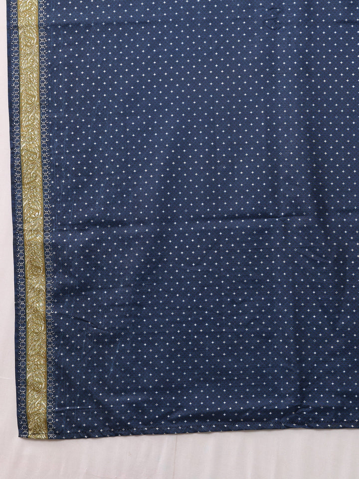Navy Blue Printed Silk Blend Saree With Unstitched Blouse Piece