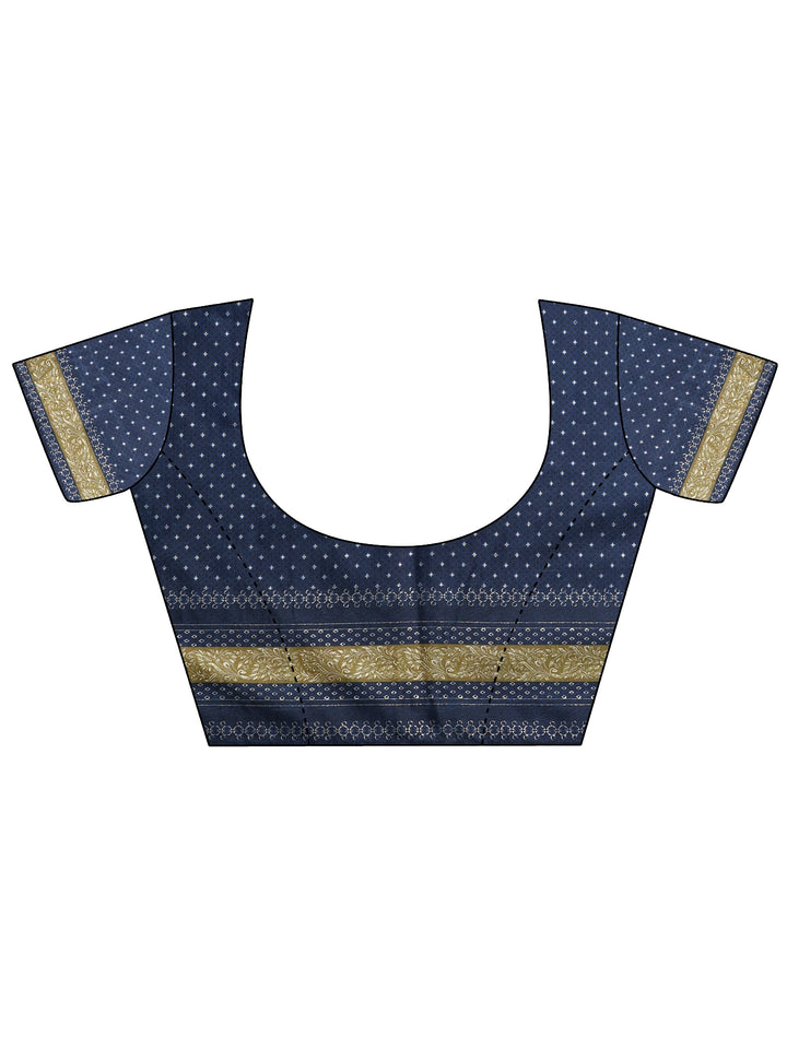 Navy Blue Printed Silk Blend Saree With Unstitched Blouse Piece