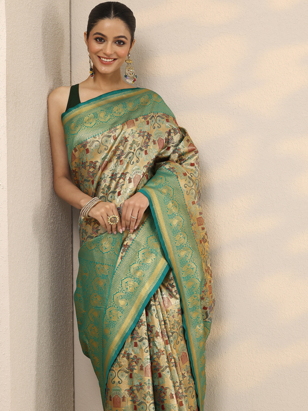 Beige Woven Design Silk Blend Saree With Unstitched Blouse Piece
