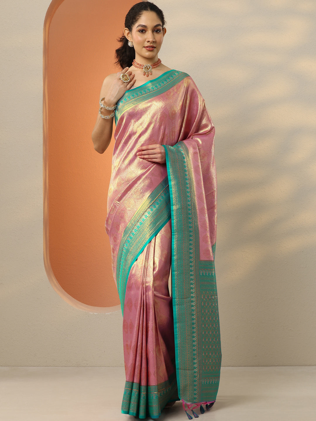 Pink Woven Design Silk Blend Saree With Unstitched Blouse Picece