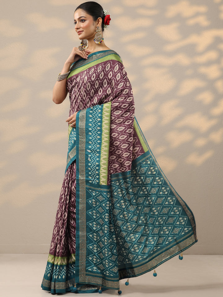 Magenta Printed Silk Blend Saree With Unstitched Blouse Piece
