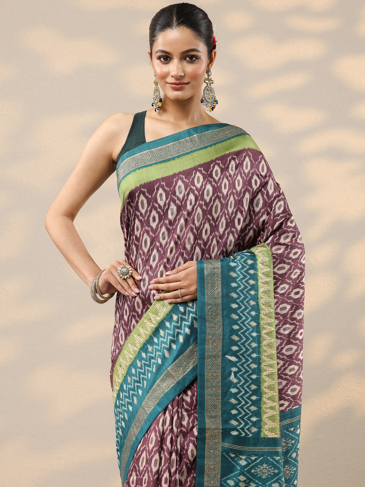 Magenta Printed Silk Blend Saree With Unstitched Blouse Piece