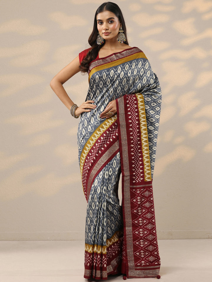 Grey Printed Silk Blend Saree With Unstitched Blouse Piece