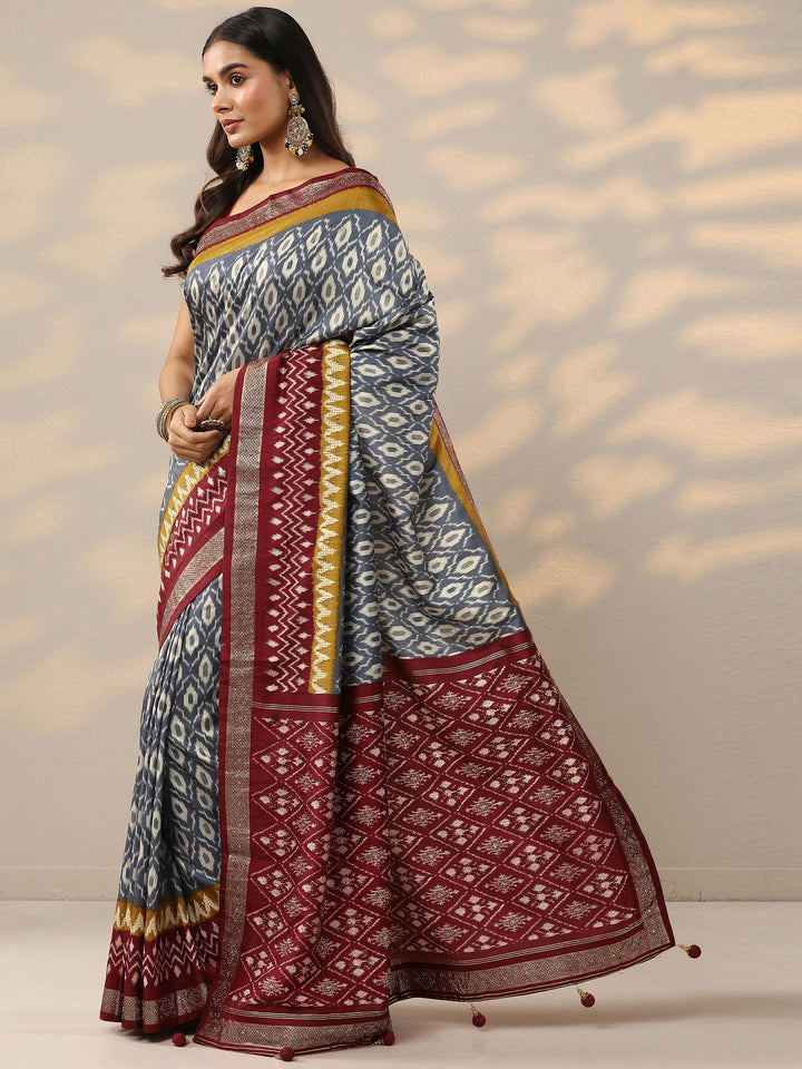 Grey Printed Silk Blend Saree With Unstitched Blouse Piece