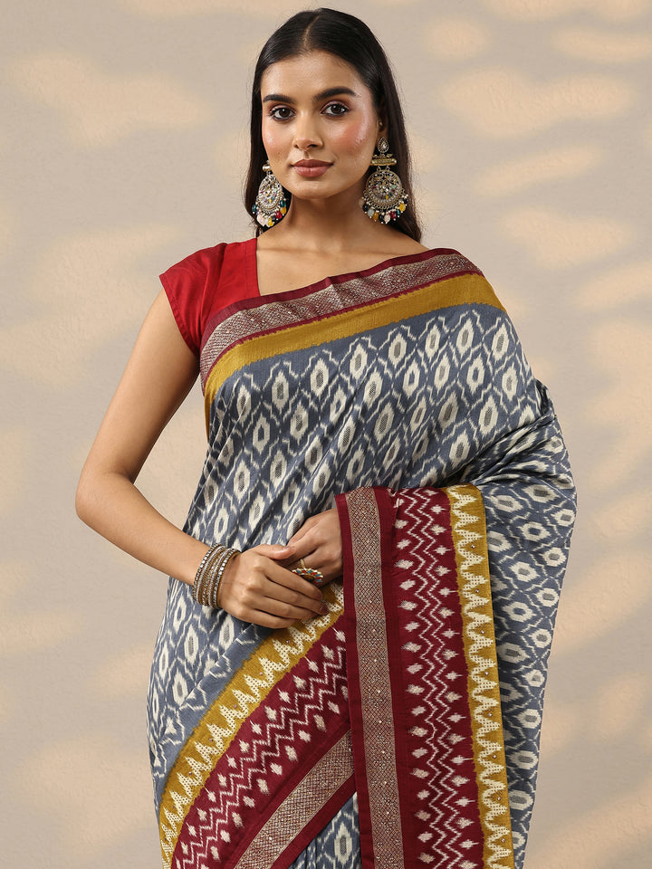 Grey Printed Silk Blend Saree With Unstitched Blouse Piece
