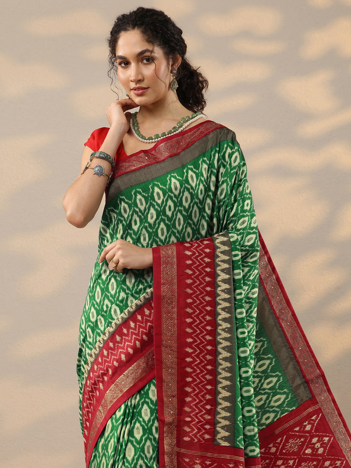 Green Printed Silk Blend Saree With Unstitched Blouse Piece