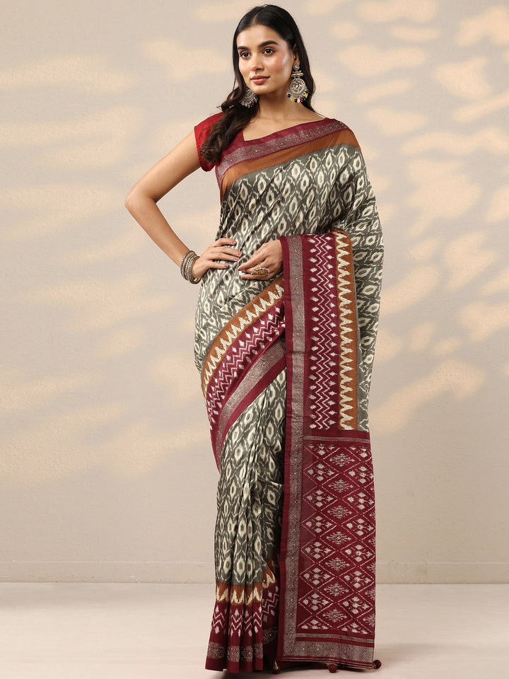 Olive Printed Silk Blend Saree With Unstitched Blouse Piece