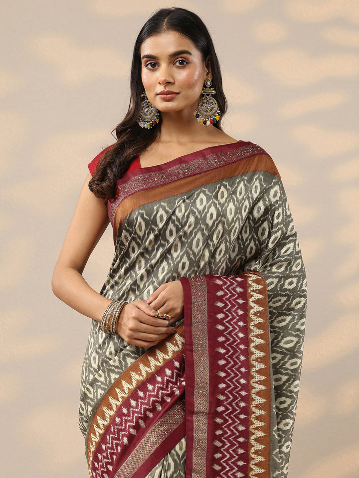 Olive Printed Silk Blend Saree With Unstitched Blouse Piece