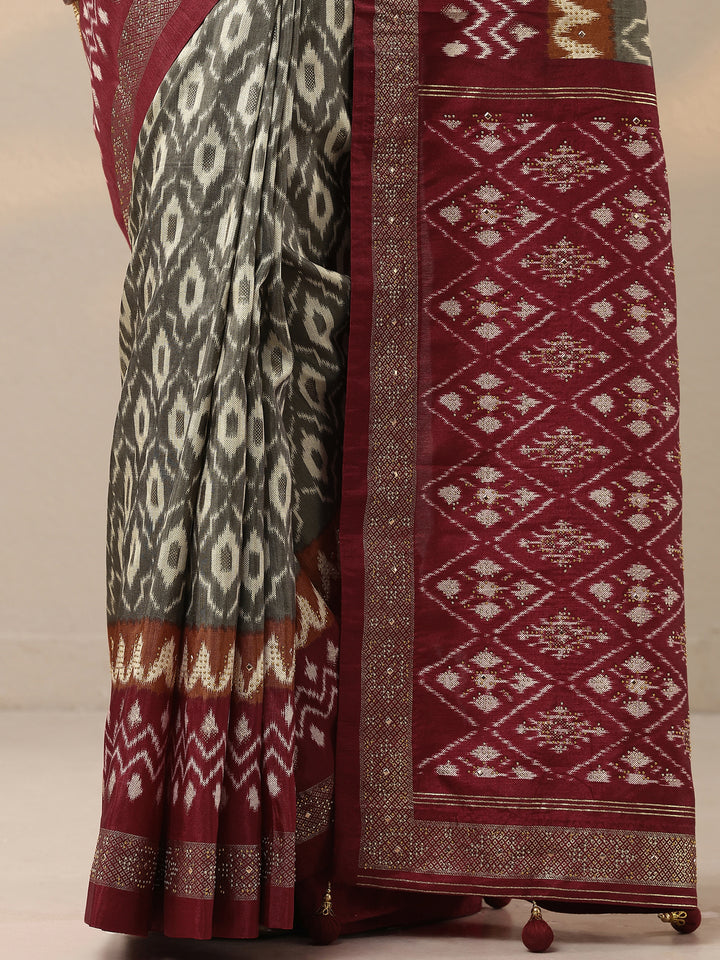Olive Printed Silk Blend Saree With Unstitched Blouse Piece