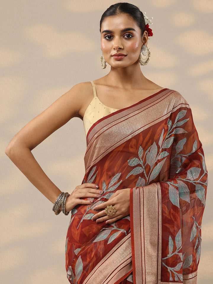 Red Printed Silk Blend Saree With Unstitched Blouse Piece