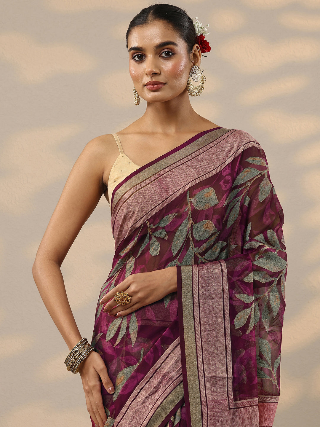 Burgundy Printed Silk Blend Saree With Unstitched Blouse Piece