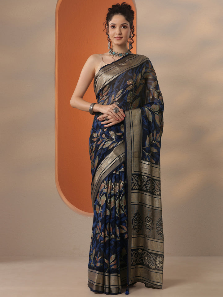 Blue Printed Silk Blend Saree With Unstitched Blouse Piece