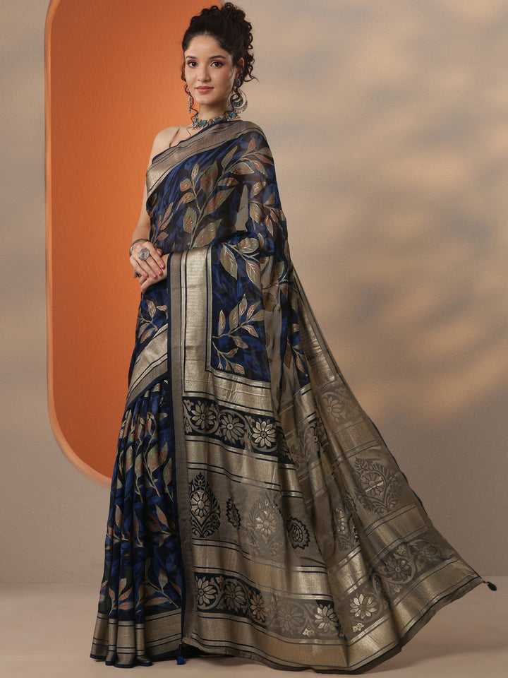Blue Printed Silk Blend Saree With Unstitched Blouse Piece