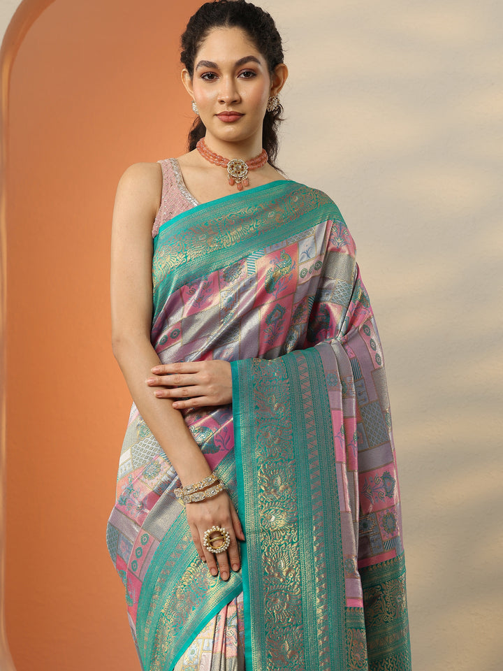 Pink Woven Design Silk Blend Saree With Unstitched Blouse Piece