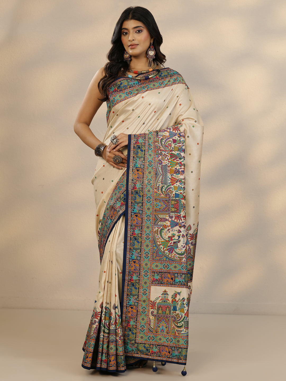 Beige Woven Design Silk Blend Saree With Unstitched Blouse Piece