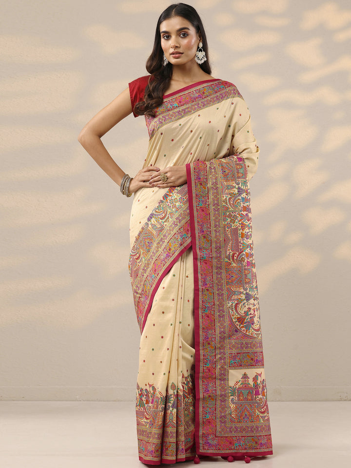 Cream Printed Silk Blend Saree With Unstitched Blouse Piece